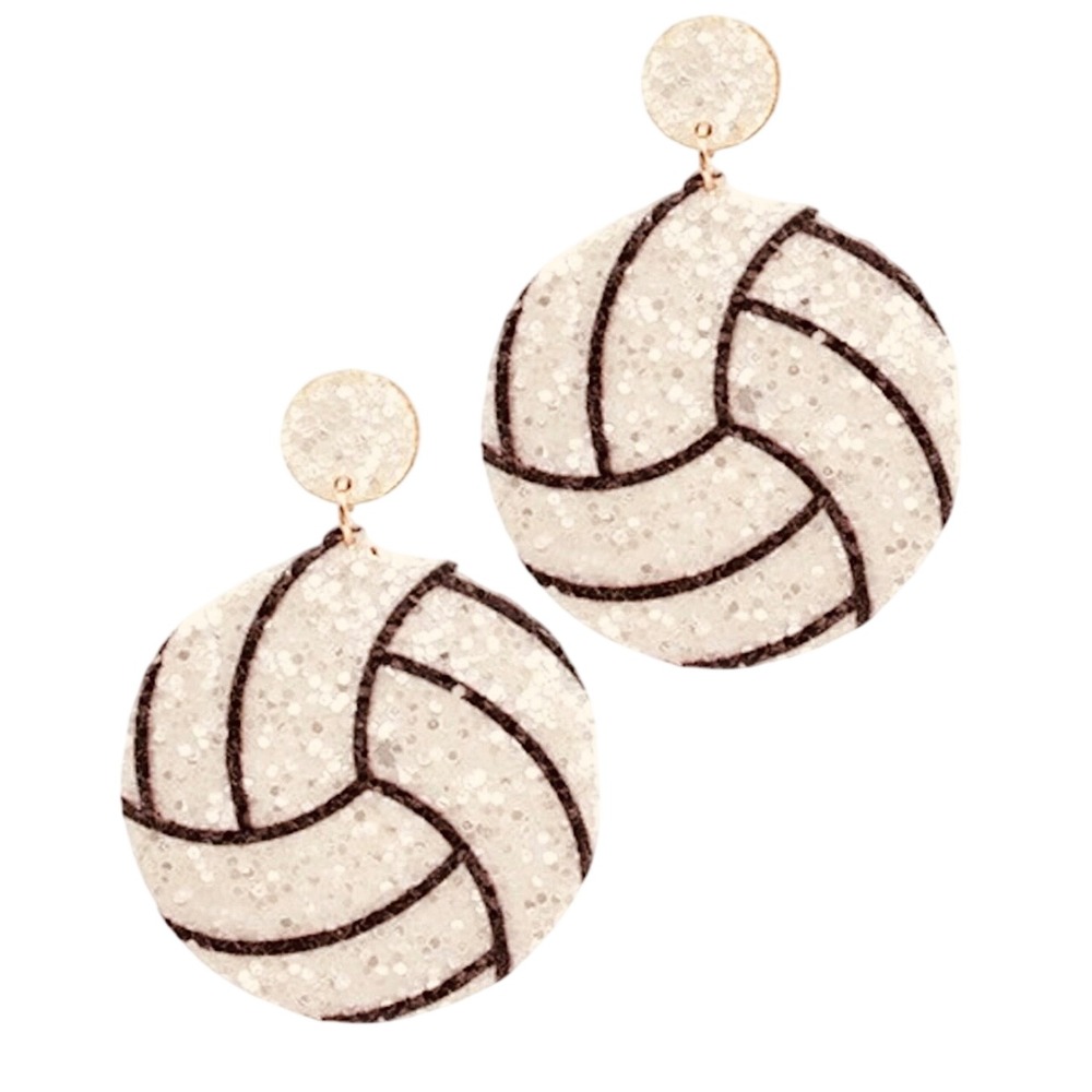 Volleyball Glitter Drop Earrings Women OS White Sparkly Sports Jewelry New